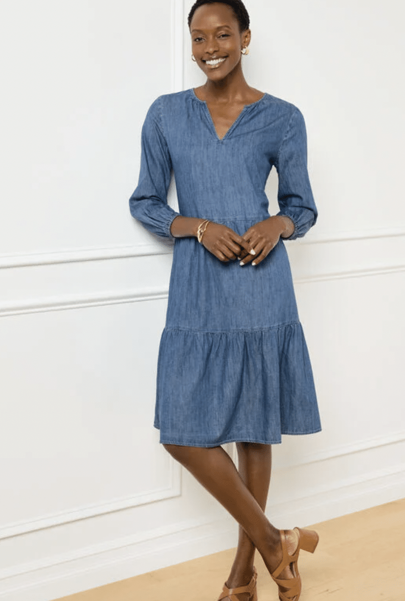 Tiered denim dress with sun protection—casual graduation outfit for older women.